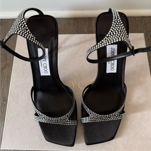 JIMMY CHOO Women's Ixia Embellished High Heel Sandals Rhinestone Black - Picture 9 of 14